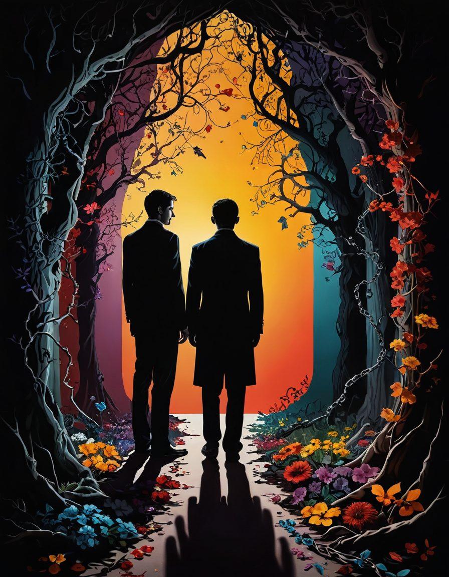 A powerful visual depicting a split scene: on one side, dark shadows and chaotic figures representing misunderstood emotions; on the other, a warm light illuminating diverse people engaging in open dialogue and understanding. Include symbolic elements like broken chains and blooming flowers bridging the two sides. This contrast highlights the journey from hate to understanding. vibrant colors. surrealism.