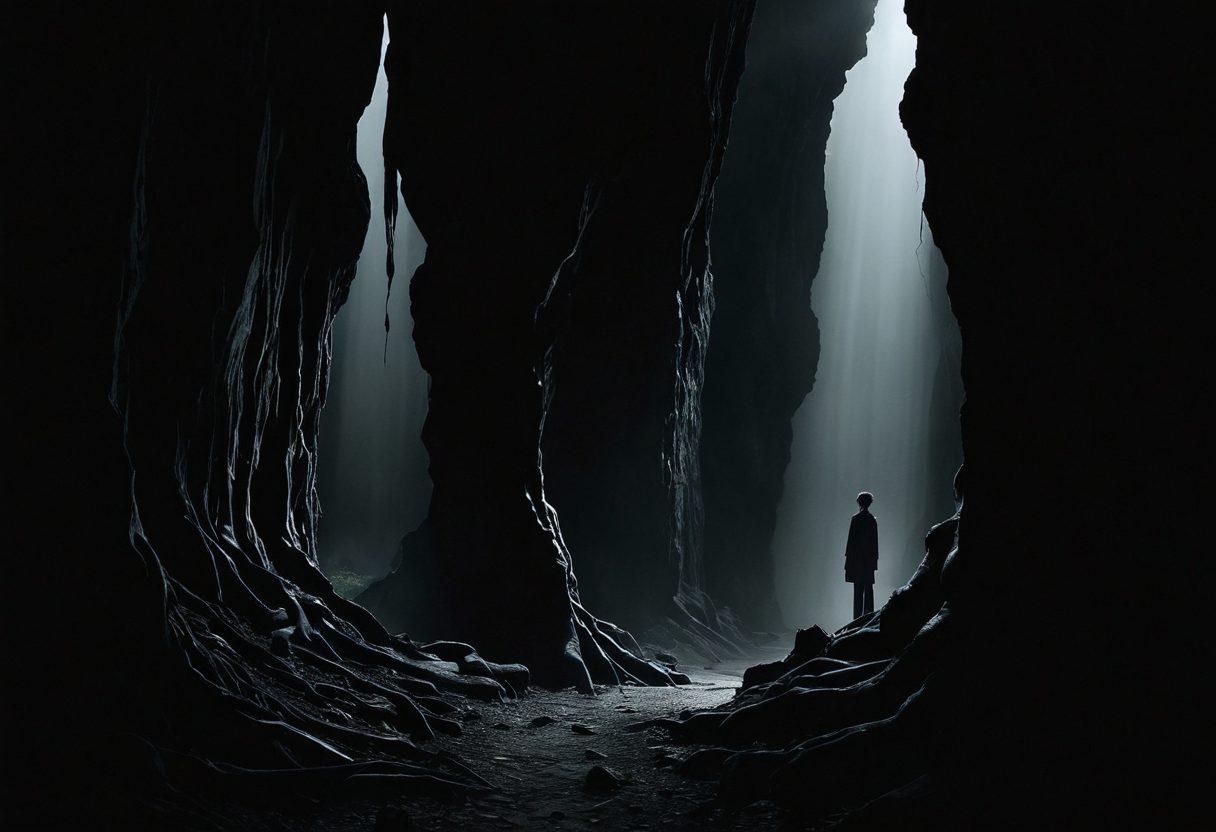 A dark, introspective scene featuring a person standing at the edge of a deep chasm, symbolizing confronting one's fears and detestable conduct. Surround the figure with ghostly shadows representing negative behaviors, while a faint light illuminates a path towards self-discovery. Include symbolic roots intertwined in the foreground, representing the origins of these behaviors. moody and surreal. dark color palette. high contrast.