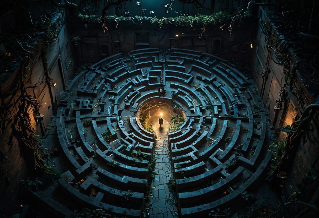 A labyrinthine maze made of twisted, dark branches symbolizing complex psychology, with shadowy figures representing odious behaviors lurking in the corners. A bright light at the center symbolizes understanding, illuminating the path. Abstract symbols of the human mind float above the maze, portraying emotional turmoil. Deep, contrasting colors enhance the eerie atmosphere. surrealistic. dark tones with vibrant highlights.